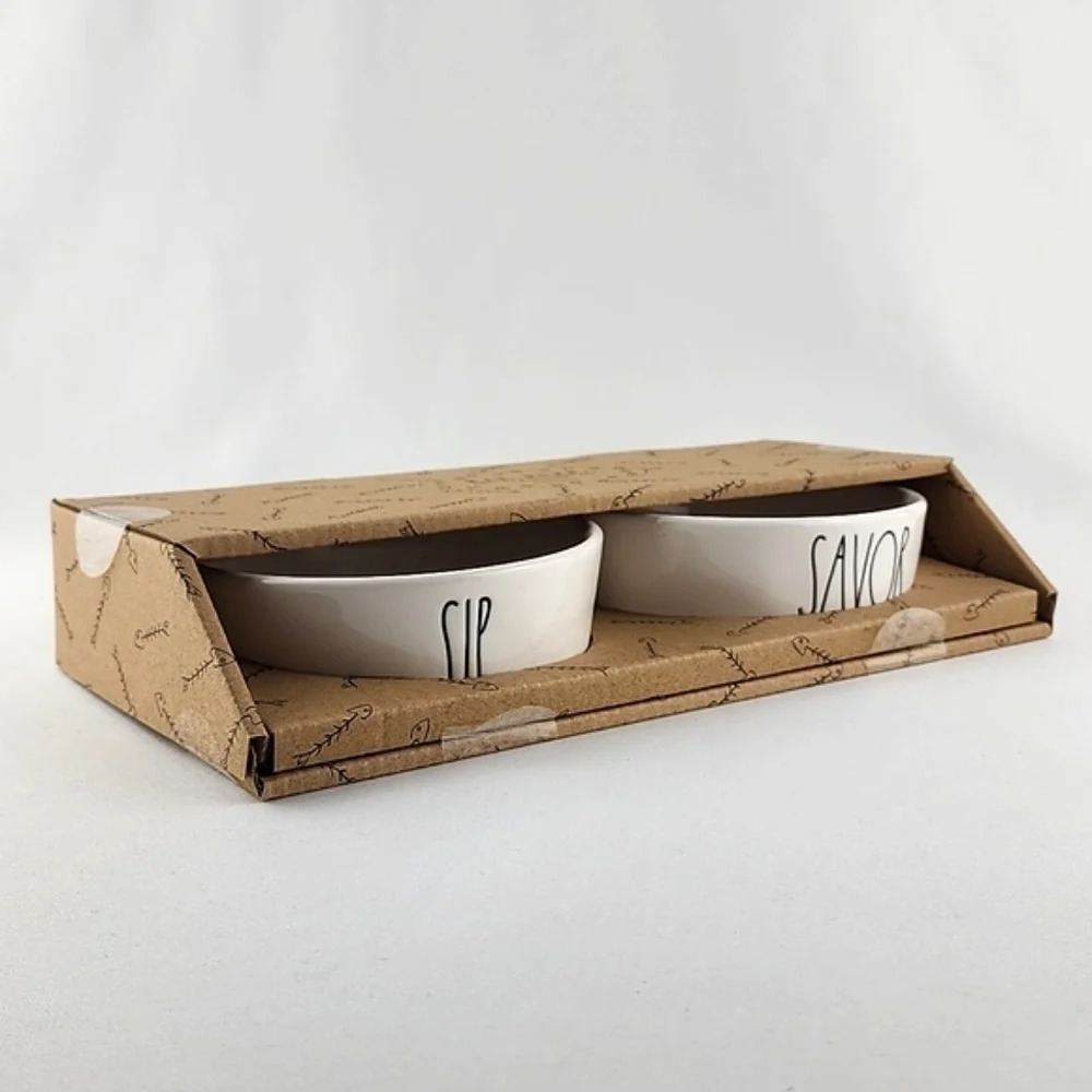 NEW Rae Dunn 4" White Dog Cat Bowls Pet Dish Black Large Letters SIP SAVOR